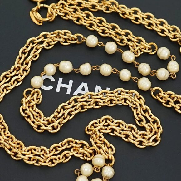 CHANEL Double Chain Pearl Long Necklace 37" Gold Tone Auth w/Box l1140 - Picture 7 of 16